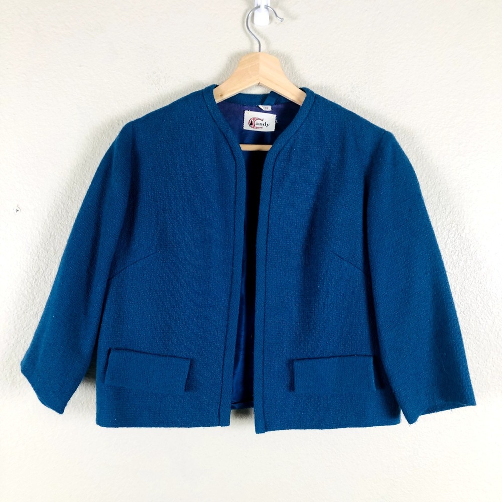 Vintage Candy Blazer Jacket Womens 12 Blue‎ Open Cropped Career Workwear Casual